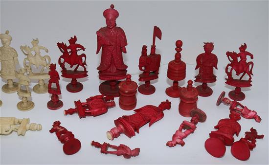 Cantonese red and white carved ivory part chess set